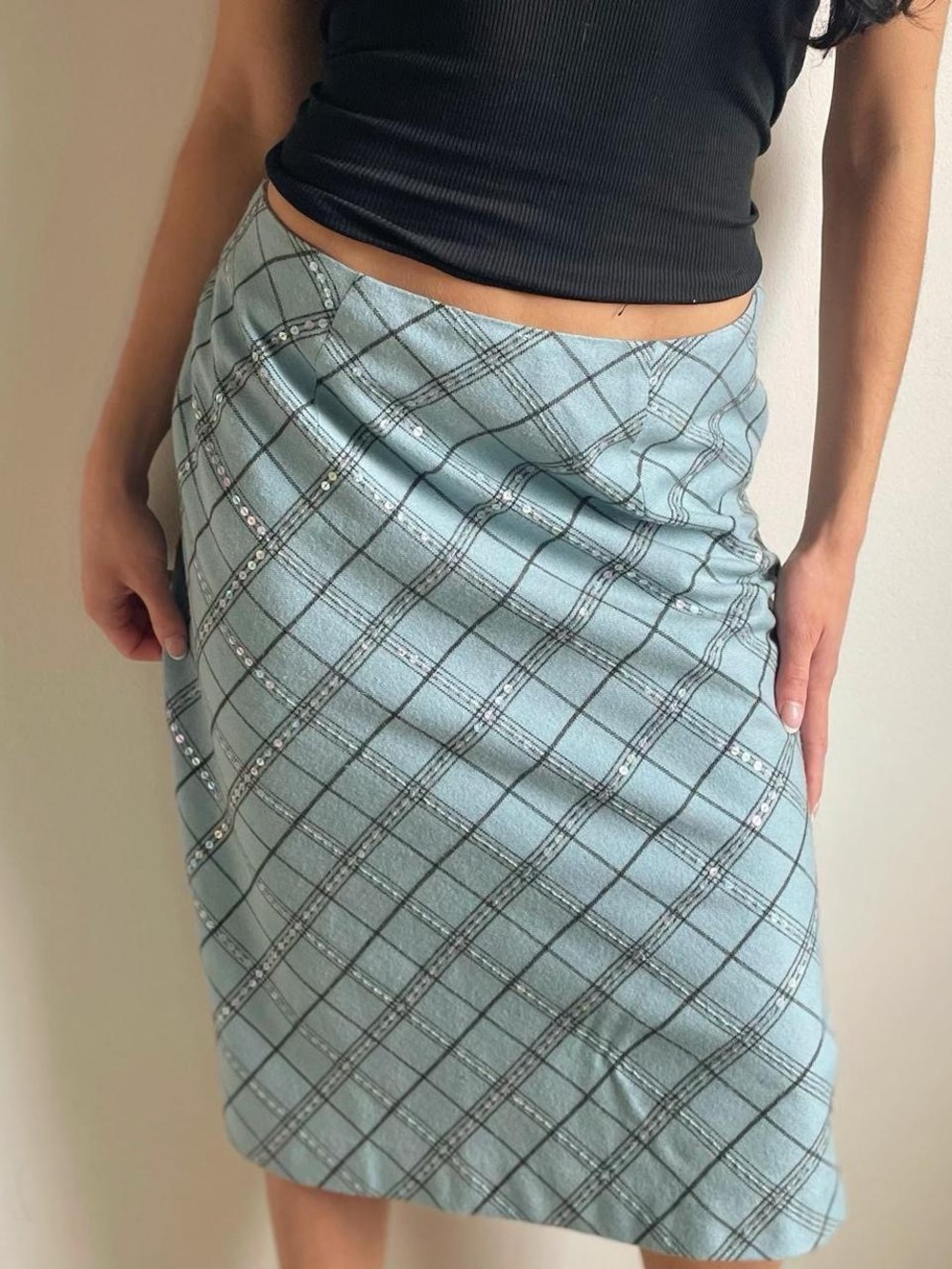 Tribeca Studio Plaid Midi Skirt with Sequins
